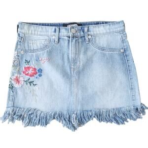 Express Floral Embroidered Raw Hem Denim Mini Skirt Size 4 Blue 70's Y2K Revival